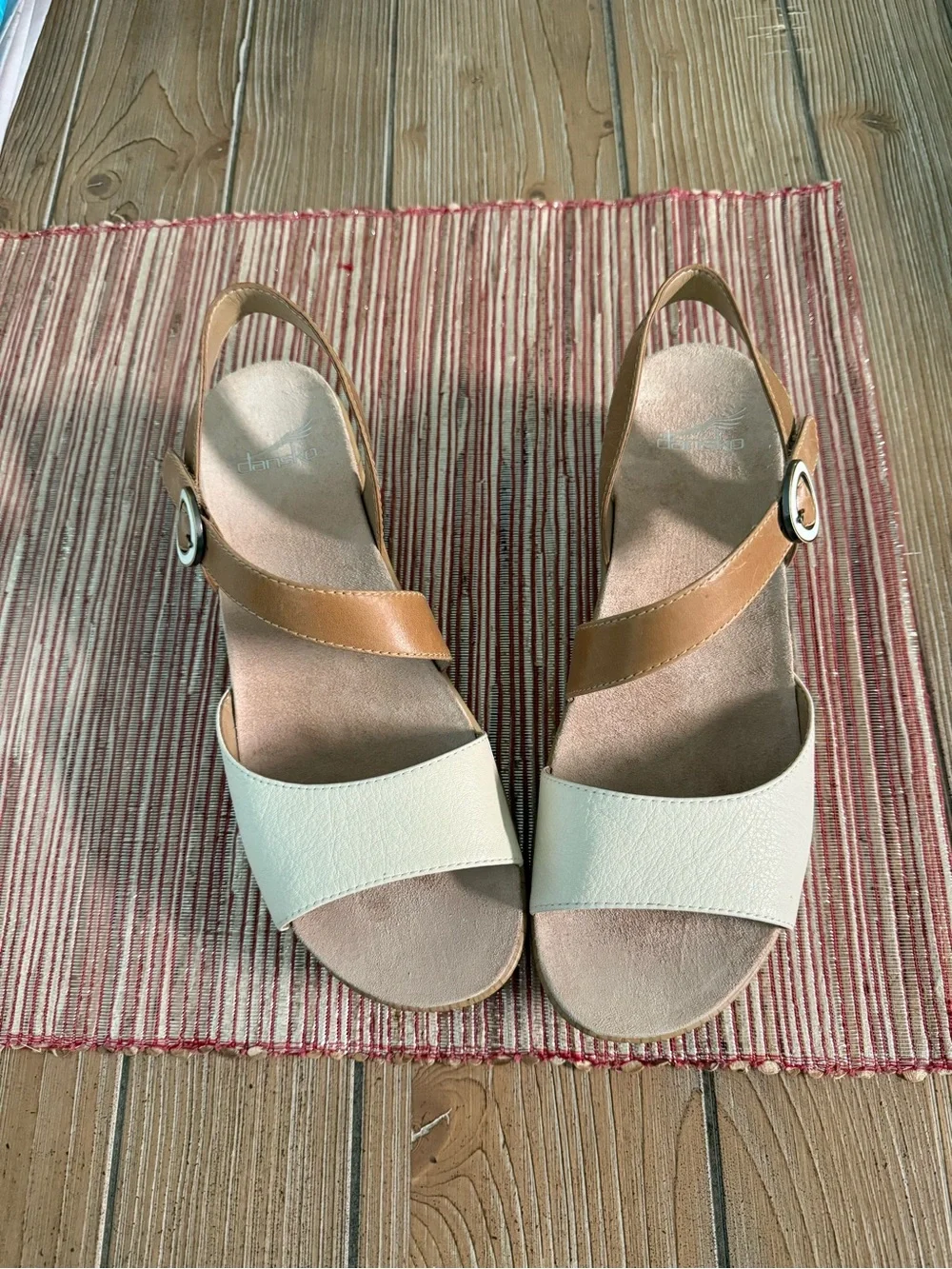 Dansko Marjorie Platform Two-Tone Slingback Sandals in Cream and Tan Leather